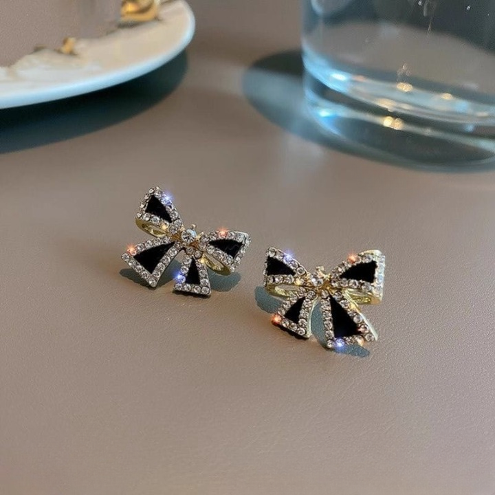Elegant Zircon Black Bow Tie Earrings (AXJ-112) - Image 2