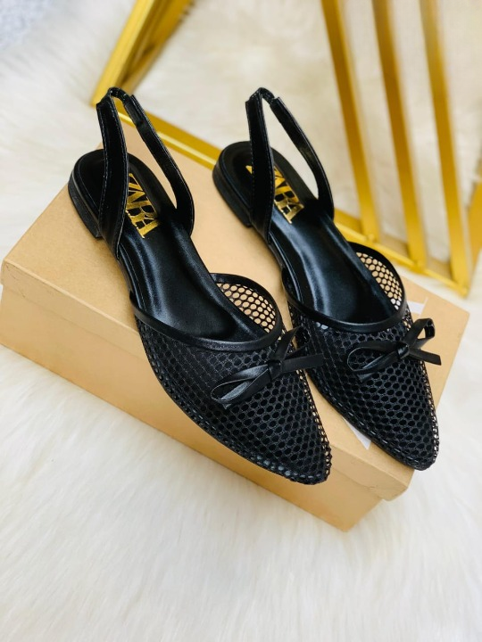 Pointed-Toe Mesh Slingback Flats with Bow