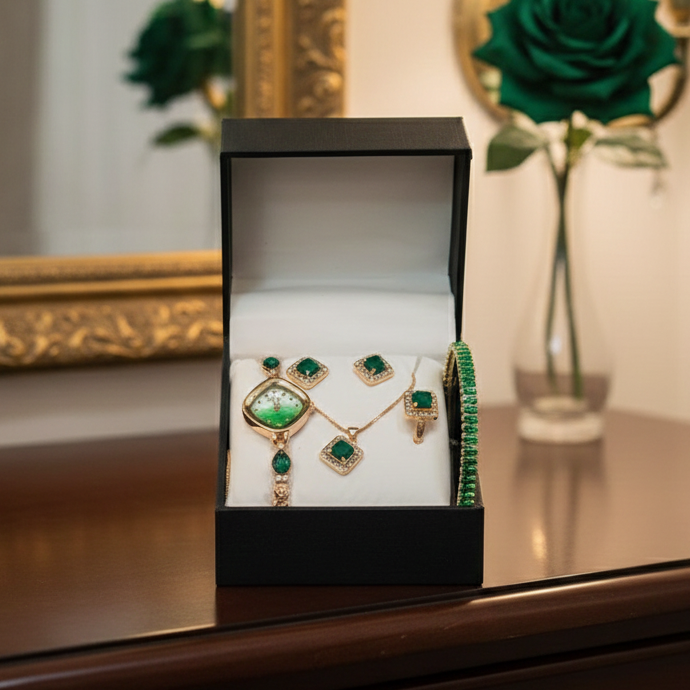 Chic Womens Digital Display Watch With Emerald Green Jewellery