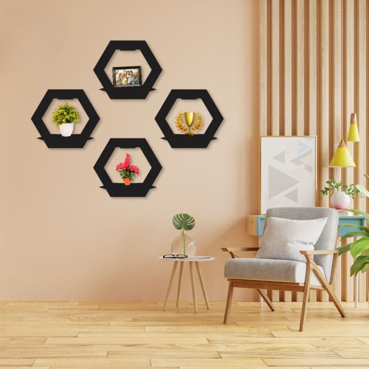 (3 pcs set ) Hexagon Shape 3D Wooden Wall Shelf - Image 3
