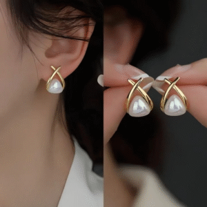 Trendy Korean Cross Pearl Earrings –