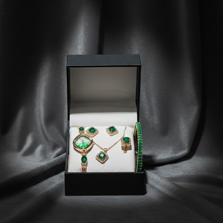 Chic Womens Digital Display Watch With Emerald Green Jewellery - Image 2