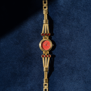 Vintage Gold-Tone Bracelet Watch with Ruby-Red Accents