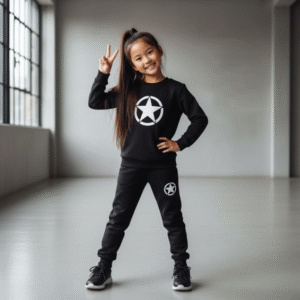 Kids Star Printed Black & Black Tracksuit Set