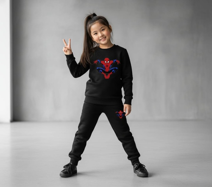 Kids Spider-Man Printed Black & Black Tracksuit Set