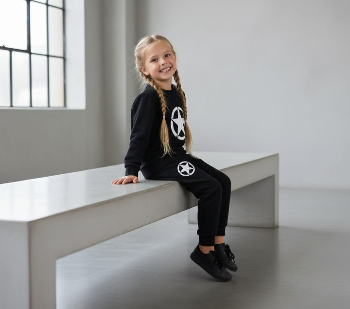 Kids Star Printed Black & Black Tracksuit Set - Image 2