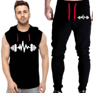 Black Vinyl Dumble Printed Gym Summer Hooded Sleeveless Tracksuit for Mens