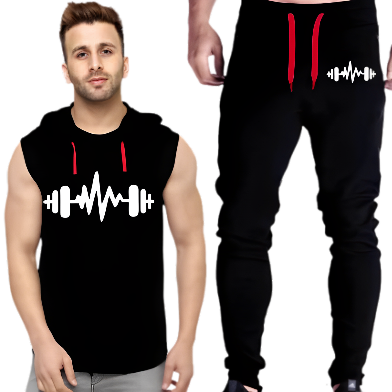 Black Vinyl Dumble Printed Gym Summer Hooded Sleeveless Tracksuit for Mens